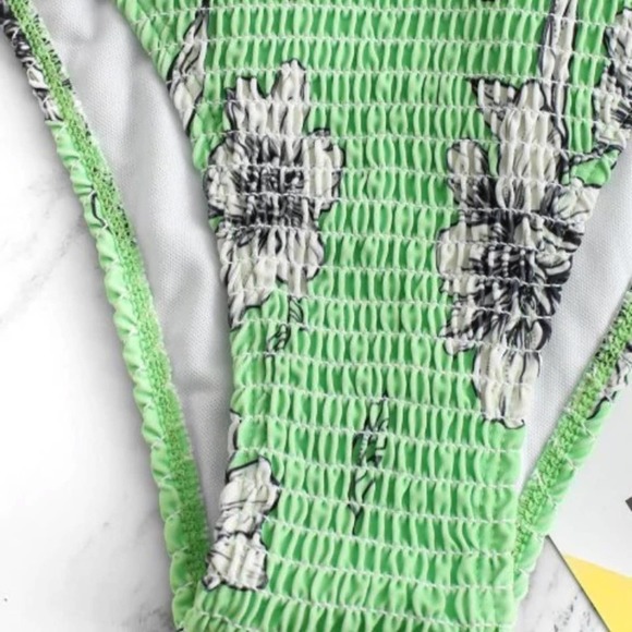 Floral green padded smocked one shoulder high waist bikini Sz M - Picture 3 of 5